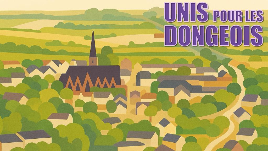 Représentation dessinée de Donges en vue aérienne, avec l'église au milieu, et le logo Unis pour les Dongeois